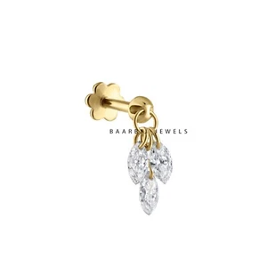 14K Gold Marquise Drilled Three Diamond Dangle Stud Floating Plume Piercing - Picture 1 of 17