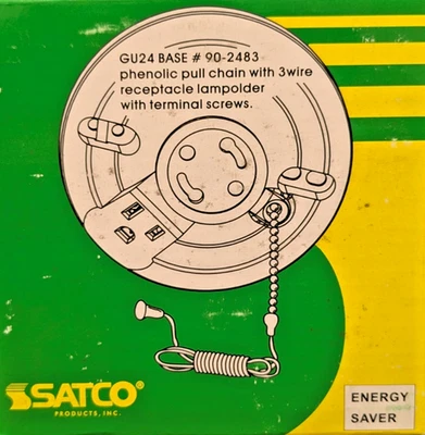 SATCO KEYLESS PHENOLIC PULL CHAIN WITH 3-WIRE RECEPTACLE OUTLET GU24 CFL 90-2483 - Image 1 of 4