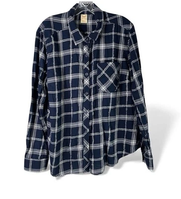 Flanela Faded Glory feminina XXL azul branco xadrez brilho botão para baixo manga longa - Imagem 1 de 4