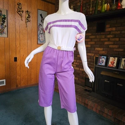 复古 70 年代 80 年代滚轮女孩丁香百慕大短裤连身裤运动连身裤 XS/S — 第 1/4 张图片