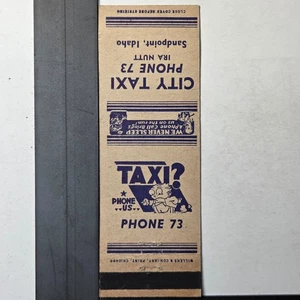City Taxi Sandpoint Idaho Vintage 1940s Cartoon Design Matchbook - Bild 1 von 3