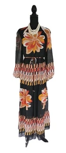 Maison Tara Dress Sz 8 Fit & Flare Black Brown Beige High Neck Boho Retro Maxi M - Picture 1 of 8