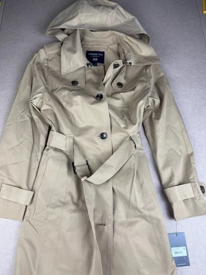 London Fog Trench Coat Women M British Khaki Belted Hooded Rain Jacket PFAS Free - Image 1 of 4