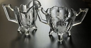 Indiana Glass Etched Flower Footed Sugar Bowl and Footed Creamer Pitcher - Picture 1 of 9