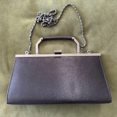 Bolso de noche formal vintage años 80 Carlo Fellini negro satinado cadena correa Foto 1 de 4