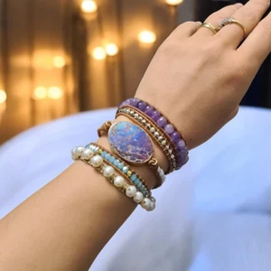 Pulsera Amatista y Perla, Envoltura Bohemia Púrpura Con Cuentas, Joya Piedra Natural - Imagen 1 de 5
