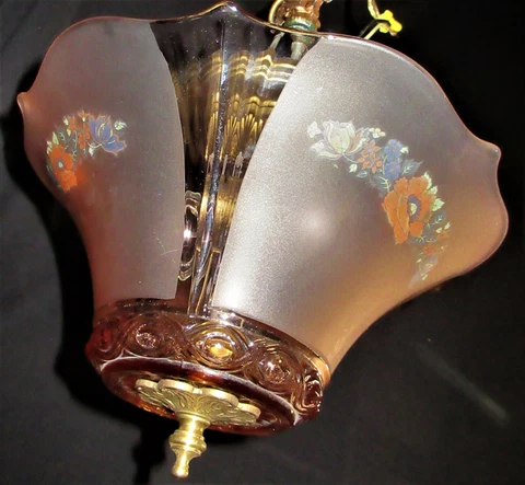VTG ART DECO ERA SEMI FLUSH CHANDELIER CEILING FIXTURE GLASS SHADE 1930's Cover