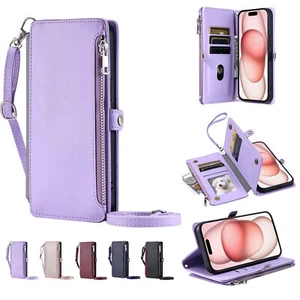 Crossbody Wallet Leather Phone Case For iPhone 16 15 14 13 12 11 Pro Max XR XS - Picture 1 of 16