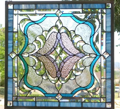 Stained Glass Transom window hanging 24 1/2 X 24 1/2  incl hooks Cover