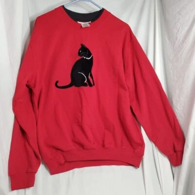 Винтажный страны магазин размер XL бархата черный кот красный толстовка Cat леди Crewneck - Изображение 1 из 4