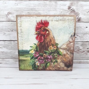 Wood Box Sign Rooster Flower Wreath Tabletop Wall Farmhouse - Picture 1 of 3