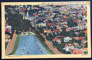 RAR! Vintage Leinen Postkarte Haager Yachtbecken Norfolk Virginia VA Luftansicht - Bild 1 von 5