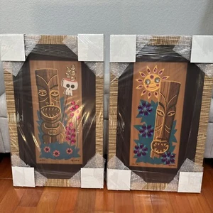 2 Set Shag Signed 12/50 Tiki De La Sol Prints On Wood 25” X 15.5” Rattan Frames - Picture 1 of 15