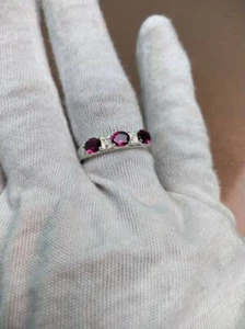925 Sterling Silver Natural Rhodolite Garnet Eternity Women Wedding Band Ring - Picture 1 of 6