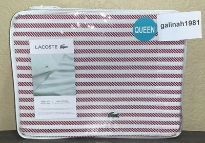 Juego de sábanas Queen Lacoste Advantage Easy Care 4 piezas blanco/rojo tablero rayas nuevo en paquete Foto 1 de 3