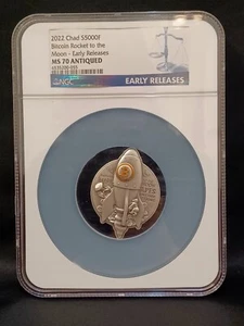 2022 Chad Bitcoin Rocket ship to the Moon 1oz Silver 999 MS70 NGC Early Releases - Picture 1 of 5