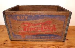Caja de madera vintage/antigua compra PEPSI:COLA, doble punto rojo azul, década de 1940 - Imagen 1 de 7