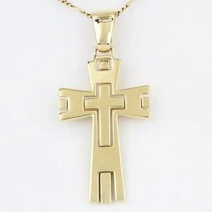 18KYG Vintage Italian Christian Cross Pendant Double Layered Modernist - Picture 1 of 5