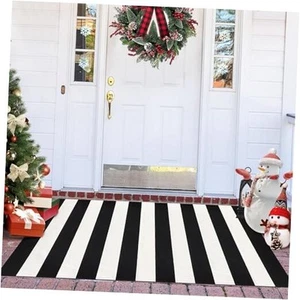 Black and White Striped Rug 3x5 Front Door Mat Cotton Woven Rug Front Porch - Picture 1 of 8