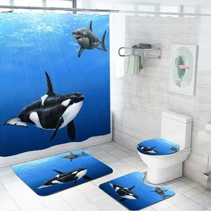 Black Shark Waterproof Shower Curtain Set Non-Slip Bathroom Mat Toilet Lid Cover - Picture 1 of 18