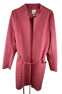 H&M Womans Pink Faux Suede Tie Fasten Long Trench Mac Jacket Size UK 12 - Picture 1 of 8