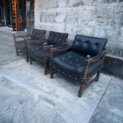 Vintage Chairs Leather and Wood Lot of 3 Pickup Only - Image 1 of 4