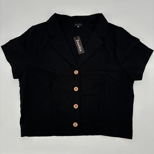 Zenobia Women's Blouse 2XL Black V-Neck Collar Short Sleeves Button Front NWT - Picture 1 of 9