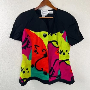 Vintage 80s Constance Saunders Neiman Marcus Womens Artsy New Wave Blouse 12 - Picture 1 of 11