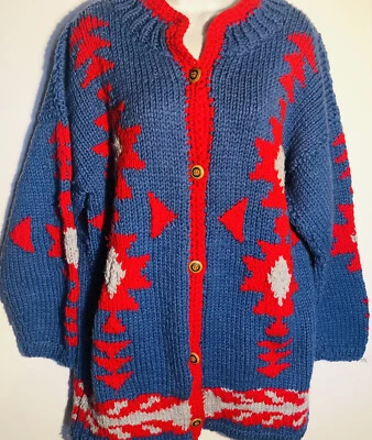 Cárdigan Suéter Tejido a Mano De Colección Boho Western Cowhican Rojo Azul Lg-XL Foto 1 de 4