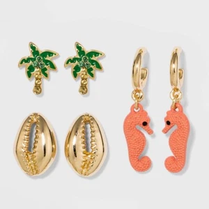 NWT SUGARFIX by BAUBLEBAR Shell Palm Tree Seahorse Set Charm Earrings Tropical - Picture 1 of 1
