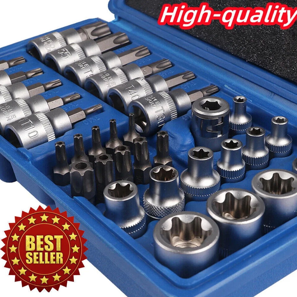 34pcs Torx Star Socket & Bit Set Male Female E & T Sockets with Torx Bits + Case - Image 1 of 4