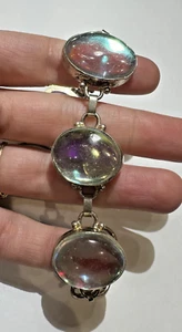 Pools Of Light? Aurora Borealis Crystal Glass Cab 7"- 8" Silver Vintage Bracelet - Picture 1 of 5