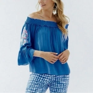Top donna Lilly Pulitzer Moira spalle scoperte XS Bennet blu nuovo con etichette ricamato - Foto 1 di 8