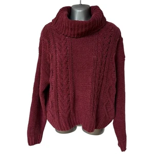 Billabong Sweater Burgundy On A Roll Cable Knit Chunky Crop Women's Size Large - Picture 1 of 10