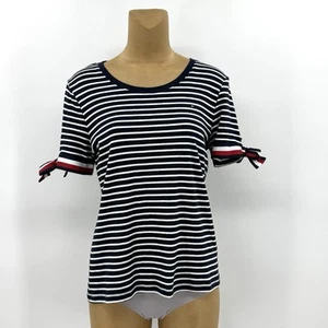 Tommy Hilfiger XL 12/14 Blue White Red Striped Bow Sleeves Logo Top Shirt Womens - Picture 1 of 10