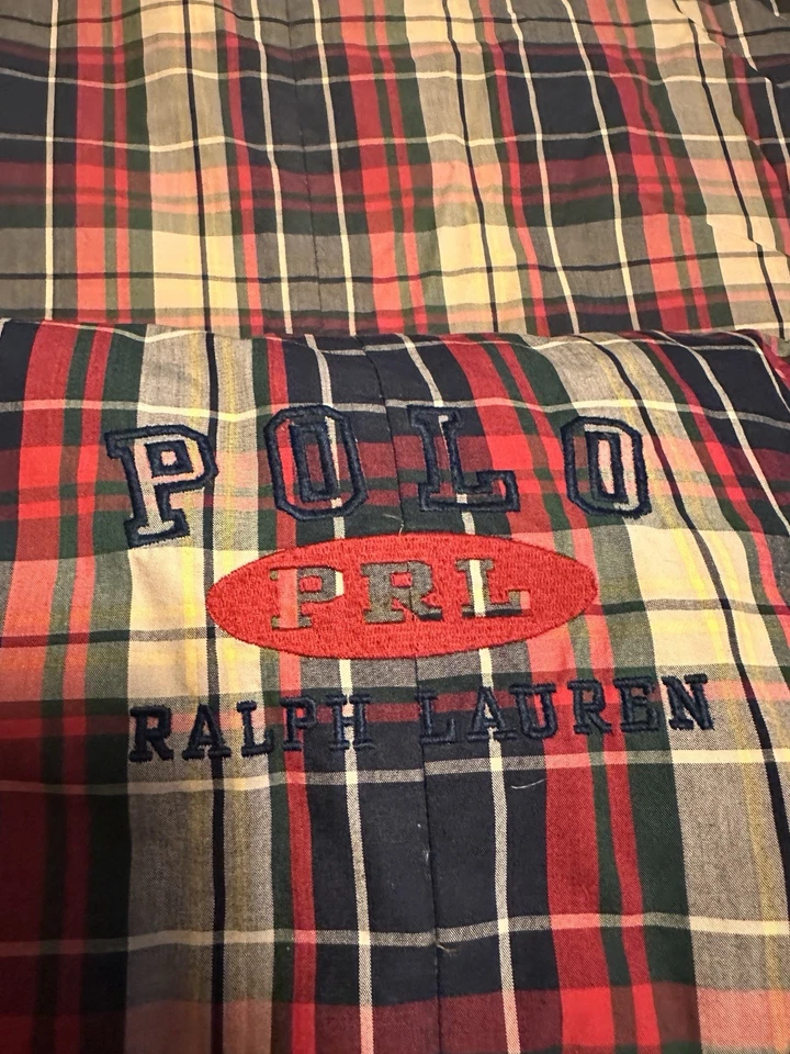 Edredón de plumón reversible Polo Ralph Lauren King azul marino rojo tostado reparación a cuadros Foto 1 de 4