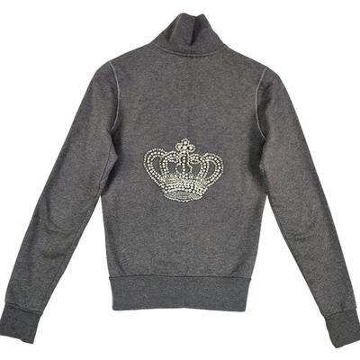Twisted Heart Womens SZ M Y2K Zip Up Sweatshirt Jacket Bling Crown Baddie Gray - Image 1 of 4
