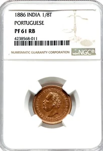 Portuguese India 1886 1/8 Tanga Extremely Rare Proof of Record NGC PF61 RB - Picture 1 of 2