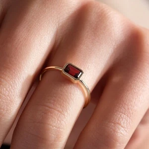 Bezel Set 10K Yellow Gold With Simulated 0.50CT Red Ruby Solitaire Promise Ring - Picture 1 of 7