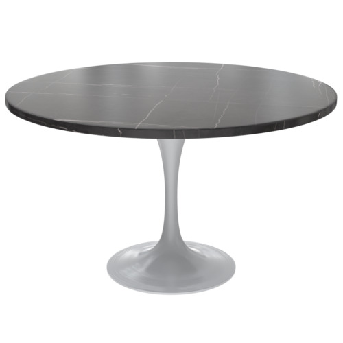 LeisureMod Verve 48" Round Dining Table with Stone Tabletop in White Steel Base