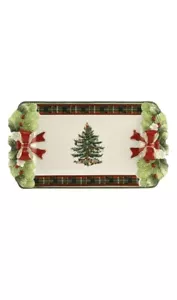 Spode Christmas Tree Figural Tartan 12 Inch Tray Bows & Holly Dolomite Handles - Picture 1 of 9