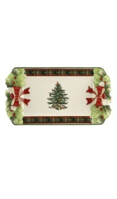 Spode Christmas Tree Figural Tartan 12 Inch Tray Bows & Holly Dolomite Handles - Image 1 of 4