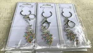 12 Assorted Peacock Keychains with Colorful Cubic Zirconia, Resale Item, DYI - Picture 1 of 4