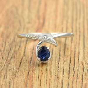 Splendido anello in argento sterling 925 pietra preziosa zaffiro ovale blu naturale gioiello - Foto 1 di 3