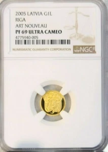 2013 LATVIA GOLD 1 LATS RIGA ART NOUVEAU NGC PF 69 ULTRA CAMEO SCARCE COIN - Picture 1 of 5