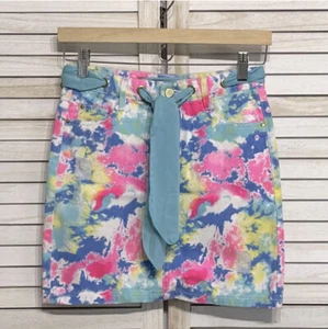 NWOT NYC Neon Tie Dye Belted Denim Skirt Girls Size 10 - Picture 1 of 9