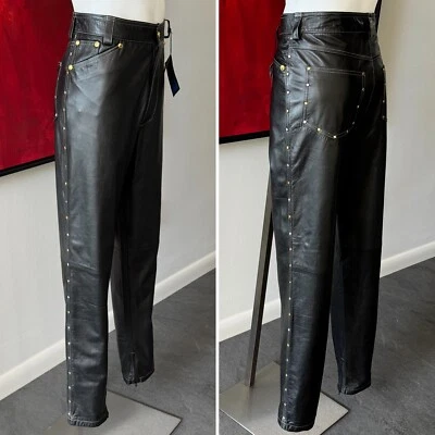 GIANNI VERSACE ISTANTE Vaqueros Cuero Tono Dorado/Plata Tachonados Talla 54 desde 1993 Foto 1 de 4