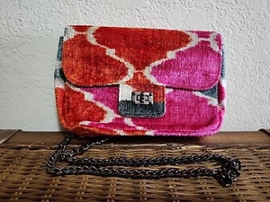 Silk Velvet Ikat Coco Fluffy Hand Made Mini Purse Bag Orange Pink Shoulder Chain - Picture 1 of 9