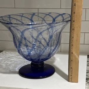 Kobaltblau VASE Schale Band Wirbel Blase Kunst Glas Sockel Fuß mundgeblasen? - Bild 1 von 10