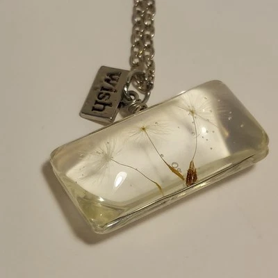 Dandelion Seed MAKE A WISH Rectangle Necklace Silver Chain Gift Pendant Resin - Image 1 of 4